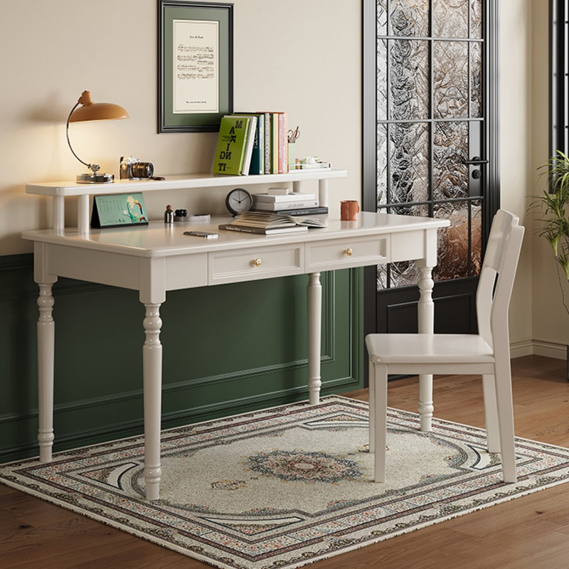 Bureau en bois massif de style américain avec une tablette et des tiroirs, H 29,53 po x l 55,12 po x P 23,62 po, Blanc