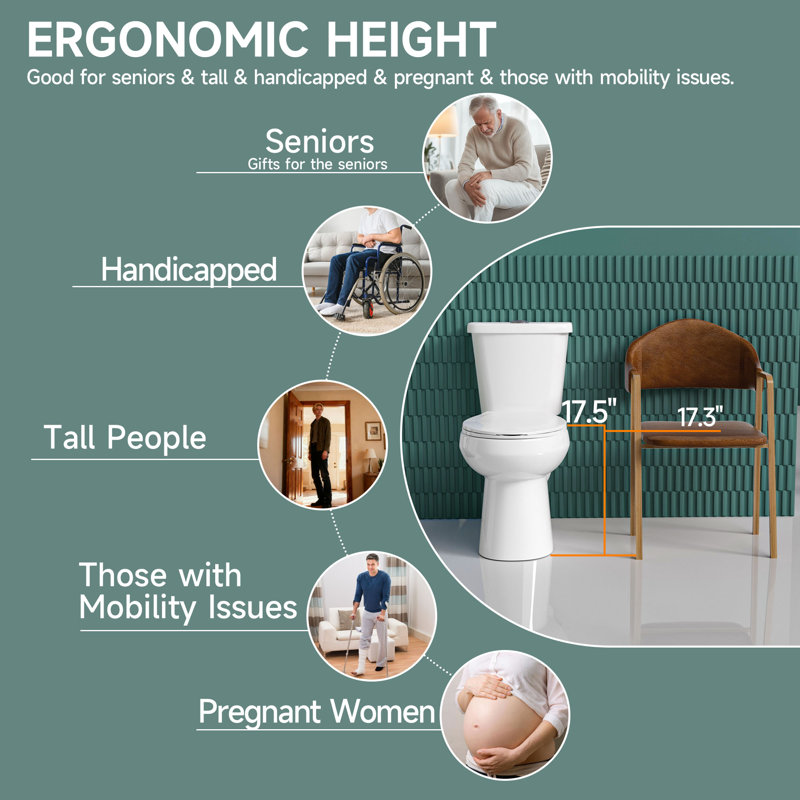 Toilette haute compacte 17 po ADA 17 po pour personnes âgées, 1,1 / 1,6 GPF Tornado Dual Flush, CARTE 1000 g, blanc, Blanc