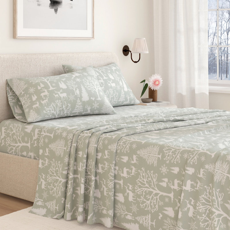 Ensemble de draps de Noël 100% flanelle de coton turc, Bleu bois enchantés, Double avec 2 taies d'oreiller