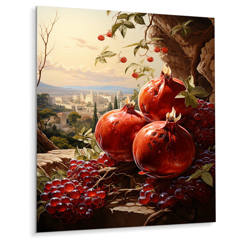 Mystic Maroon Pomegranate I - fruits, art mural en métal, H 32 po x l 16 po x P 1 po