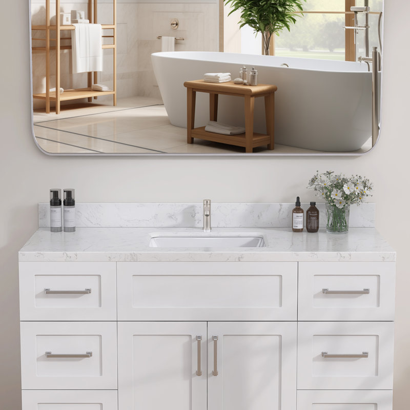 Comptoir de meuble-lavabo à dossier rectangulaire l 48 po x H 4 po en pierre reconstituée blanc Carrara