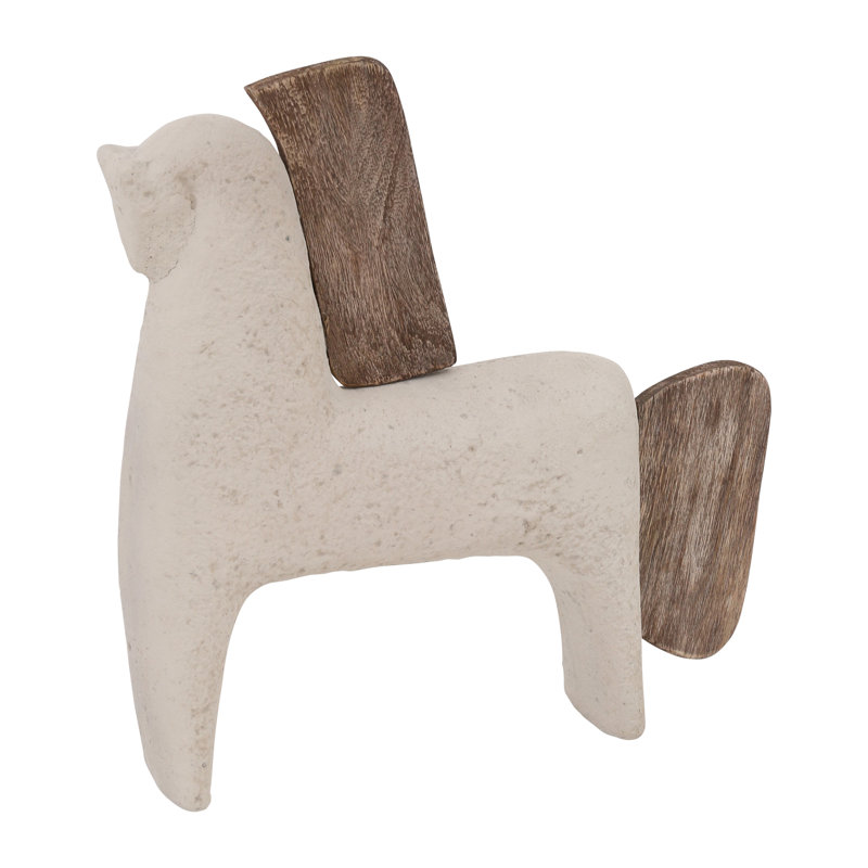 Decorative Horse Figurine - Modern Pottery and Mango Wood Sculpture Crafted with Ecomix and Natural Wood Accent for Stylish Table or Shelf Display