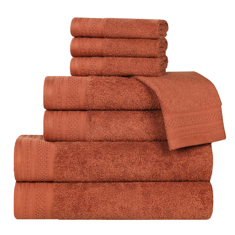 Honeycomb Textured Waffle Border Cotton Medium Weight 8 Piece Towel Set, Rust