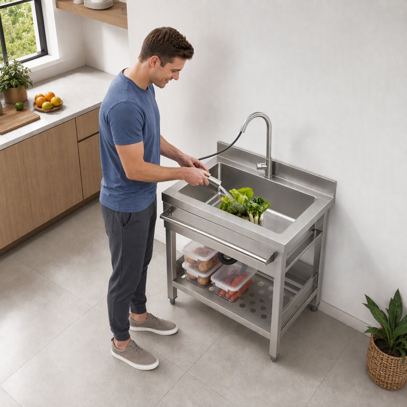 Freestanding Commercial Restaurant Kitchen Sink With Pull-Out Faucet