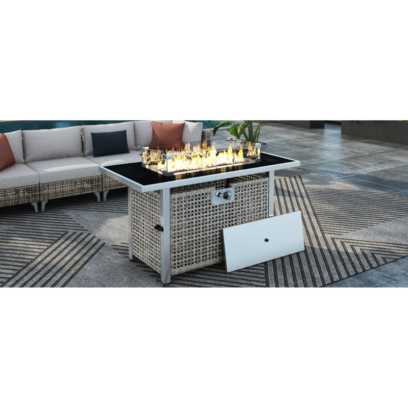 60000 43" Open Weave Grey Propane Gas Fire Pit Table, With Bohemian Charm, Removable Lid, And Glass Wind Guard For Garden Patio Entertaining Rectangular , Blue Stones, Tempered Guard, 20Lbs Storage