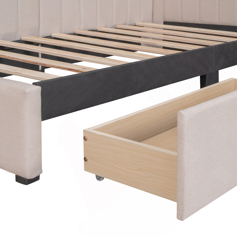 Structure de canapé-lit rembourré avec 2 tiroirs de rangement, Beige