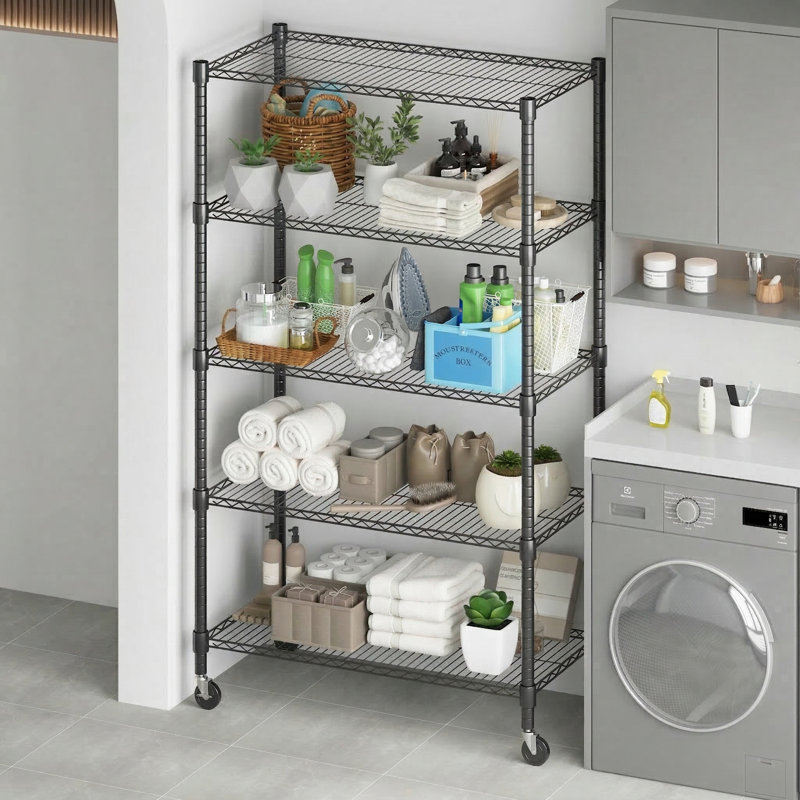 Yelena 90cm W Metal Shelving Unit with Wheels, 208cm H x 90cm W x 45cm D, Black