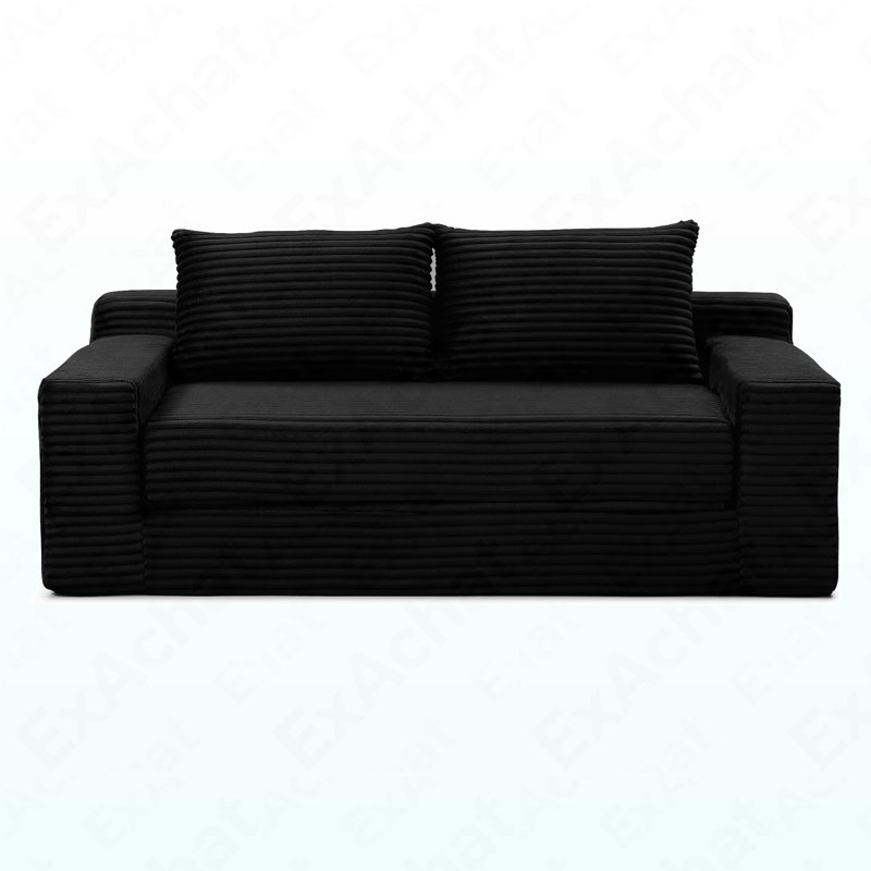 Canapé-lit convertible 2 places avec pochette de rangement, canapé-lit pliant 3D, Noir, 32.53" H x 73.02" W x 35.12" D