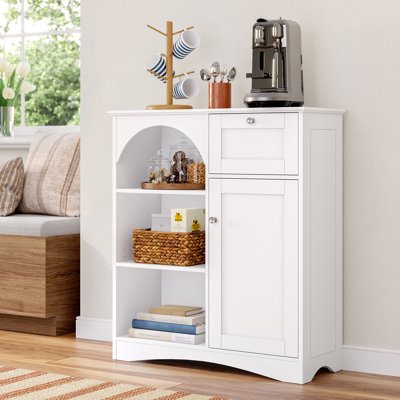 RiverRidge Kitchen Buffet Sideboard Coffee Bar Storage Cabinet with 1 Door, 1 Drawer, with Open and Adjustable Arched Pantry Shelves - White