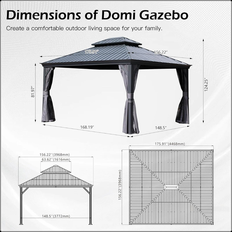 Pavillon de jardin extérieur 13 po x 15 pi avec double toit en acier galvanisé et système de drainage, idéal pour le patio et le divertissement dans la cour