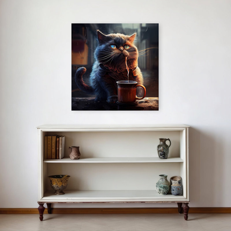 «Moody Cat Coffee», art contemporain de chat, paysage, nature, 32" H x 32" W