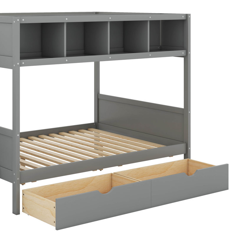 Lit simple superposé au dessus d'un lit double avec tablettes et tiroirs, Gris