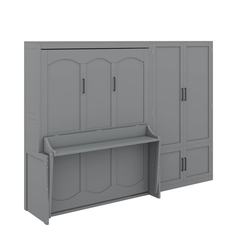 Grand lit escamotable mural avec placard, Gris