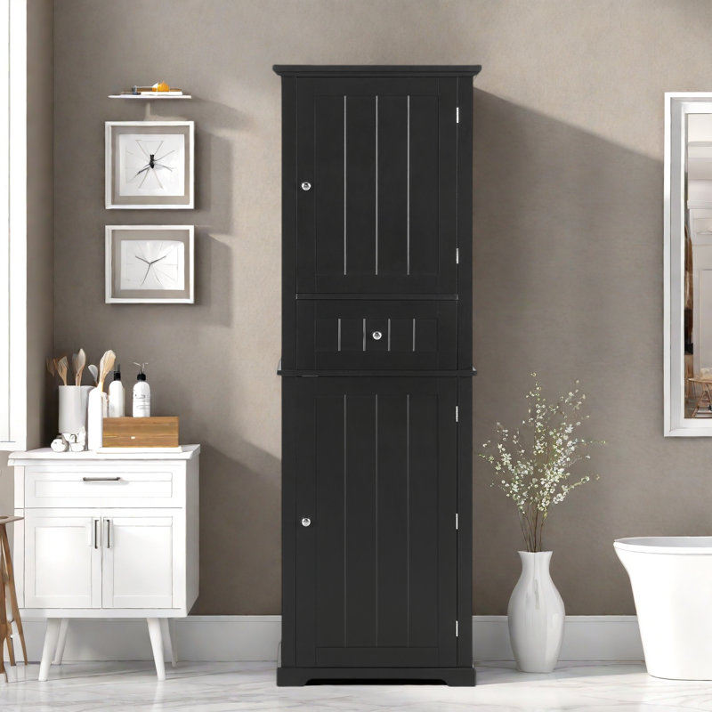 Tall Bathroom Storage Cabinet With A Drawer, Storage Cabinets And Adjustable Shelf, Vertical Striped Design, Black