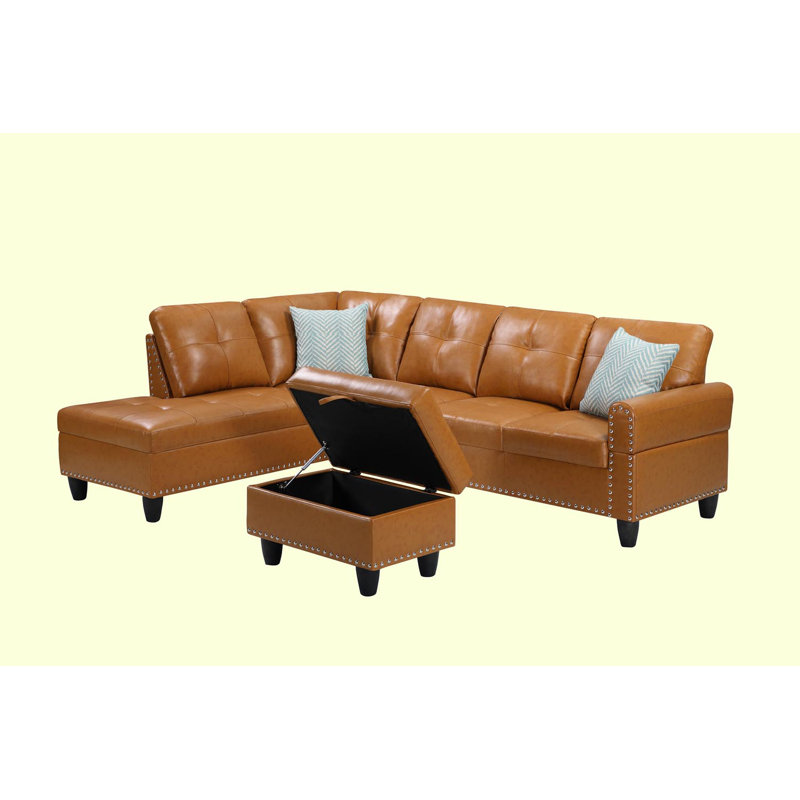 Sectional Sofa With Ottoman, Ginger Faux Leather