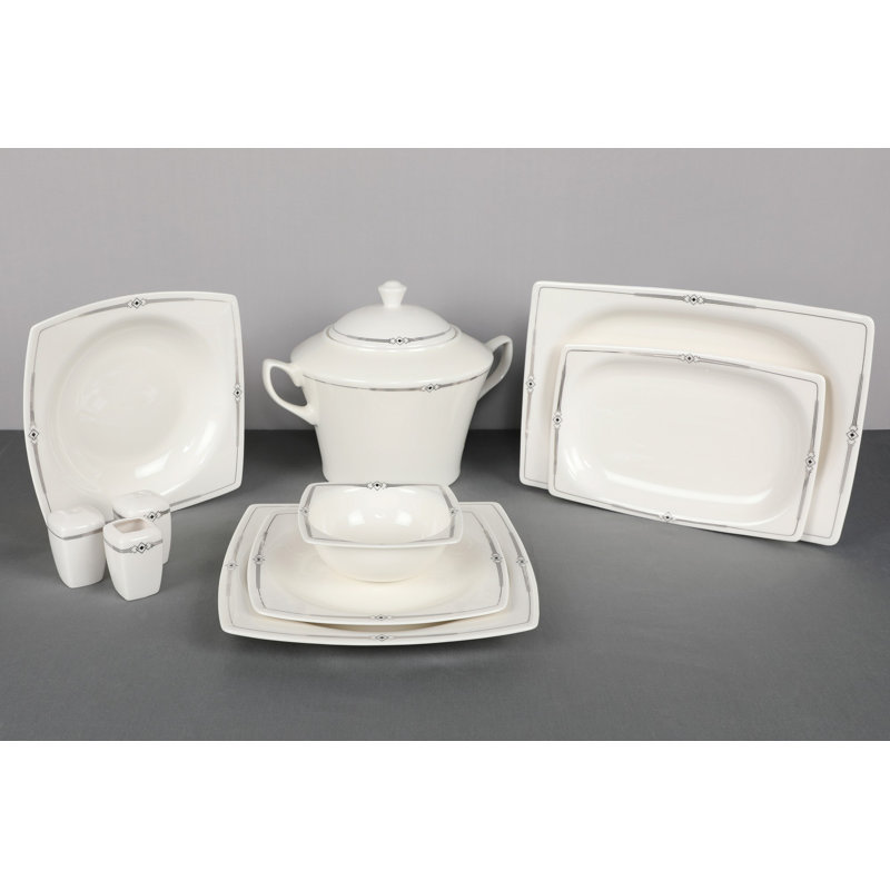 Corriveau Porcelain China Dinnerware Set 62 Piece - Service for 12, White/Black