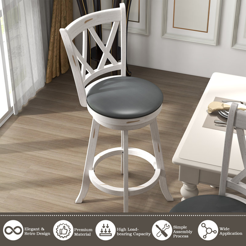 White and Gray Wood Swivel Bar Stools with Upholstered Seat