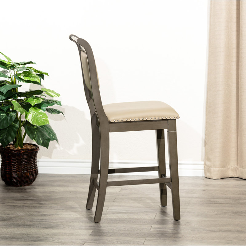 Tabouret de comptoir 24 po avec touche grise patinée, base de chaise en cuir français, toucher, siège, Beige, Gris