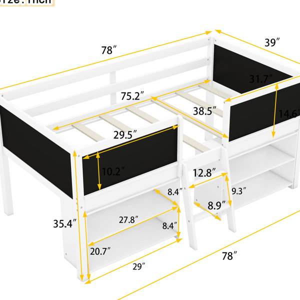 Harriet Bee Twin Low Loft Bed With , Two Movable Shelves And Chalkboard ...