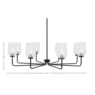 Lustre 8 lumières Amarmula, finition noir mat, verre texturé transparent 5 po