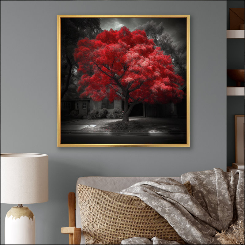 Red Tree Blossom Haven II - art mural floral pour salon, H 16 po x l 16 po x P 1 po, Cadre flottant doré