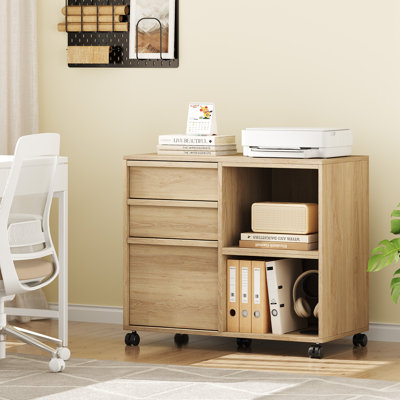 Rolling Wood File Cabinet with 3 Drawers & 2 Open Shelves, Mobile Printer Stand Fits Letter/A4 Files, Lockable Casters for Home Office Storage, Natural Wood