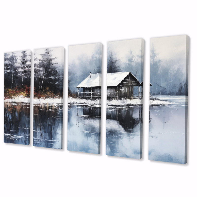 Cozy Snow Cabin IV - Décoration murale campagne - 5 panneaux égaux