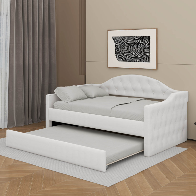 Twin Tufted Velvet Upholstered Daybed With Trundle, Beige