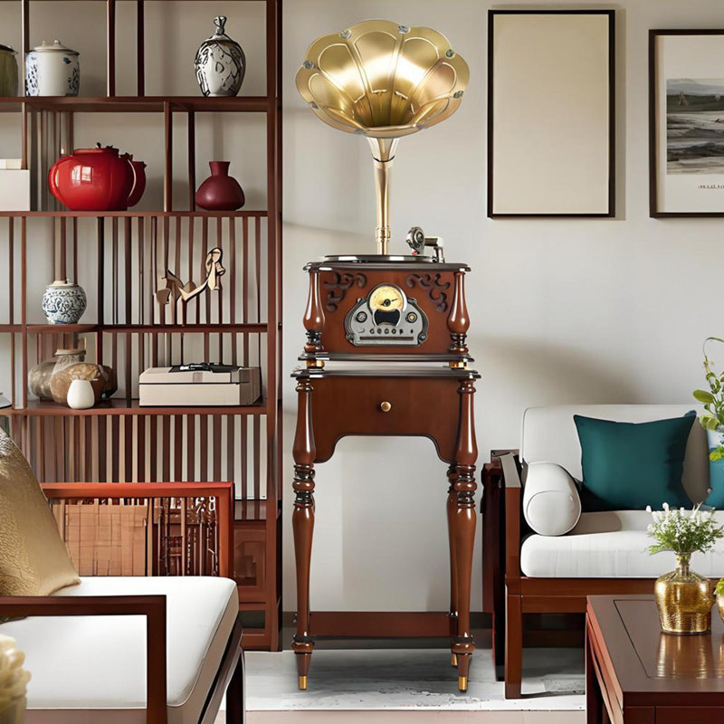 Lecteur de disques 29,53 "rétro en bois d'hévéa avec haut-parleur Bluetooth intégré et lecture de CD