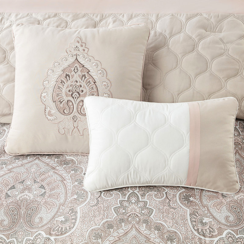 Édredon 8 pièces pour très grand lit - imprimé partiellement rosé, taies décoratives européennes, coussins décoratifs, rembourrage de couleur lavable, coussin, machine