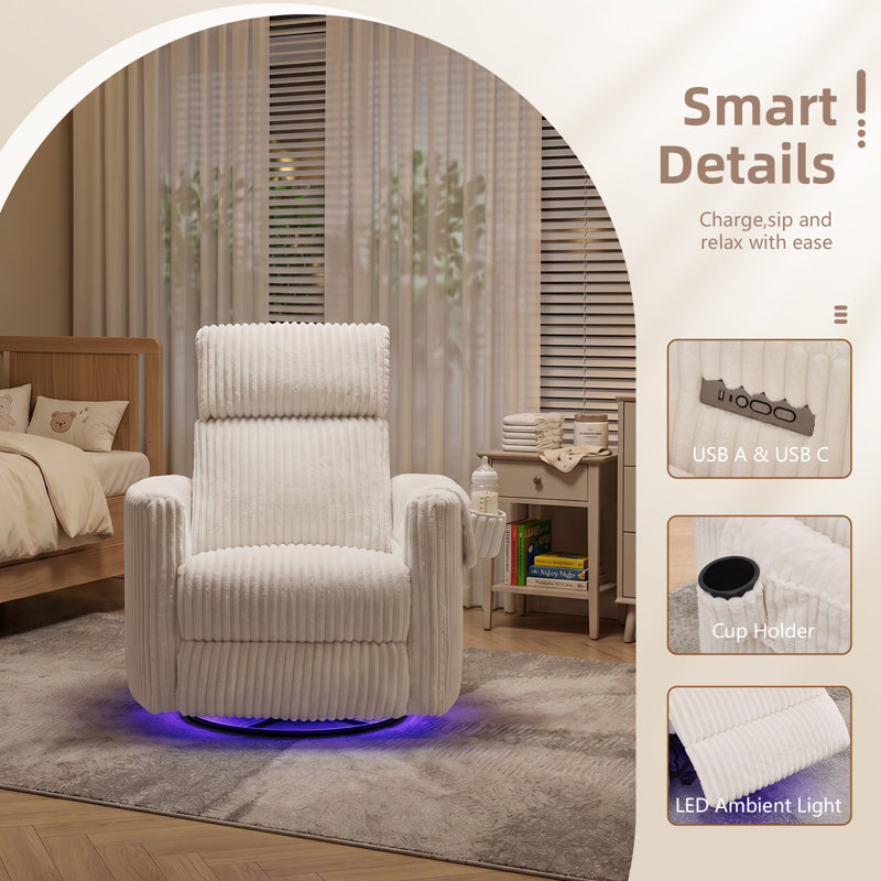 Fauteuil inclinable électrique berçant, fauteuil inclinable avec coussins réglables, accoudoirs ronds et port USB