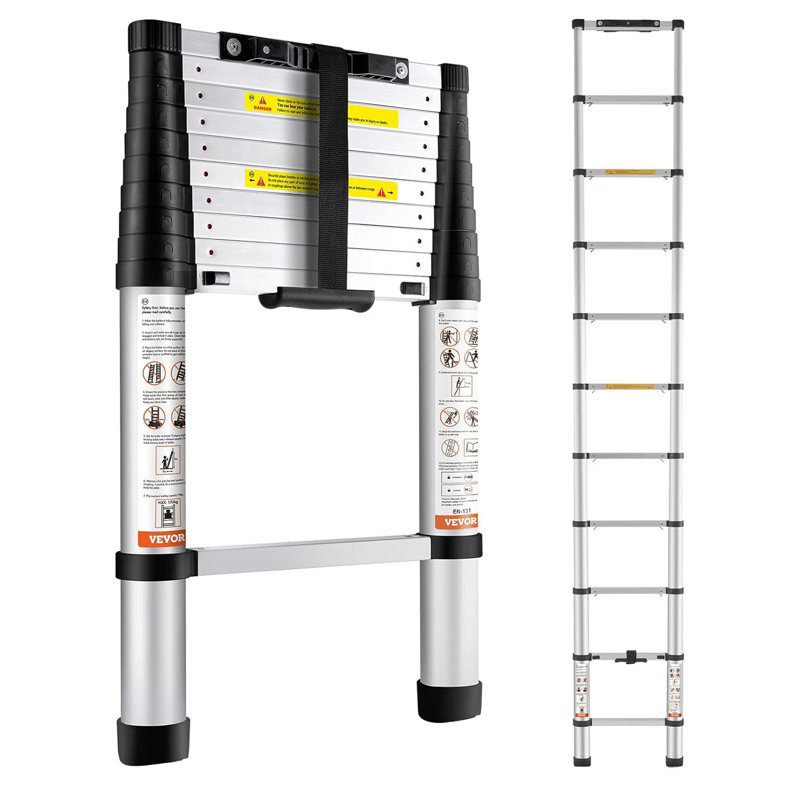 Telescoping Ladder, 10.5 FT Aluminum One-Button Retraction Collapsible Extension Ladder, 375 LBS Capacity With Non-Slip Feet, Portable Multi-Purpose Compact Ladder For Home