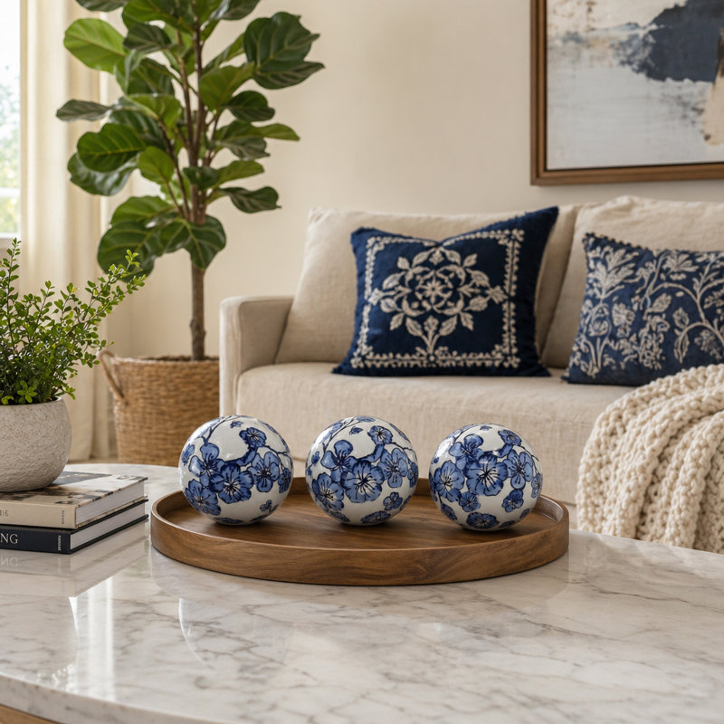 Ensemble d'objets décoratifs ronds en céramique de style chinoiserie pour le salon - Présentoir de décorations modernes pour tablettes - ensemble de 3, 5 po, bleu et blanc
