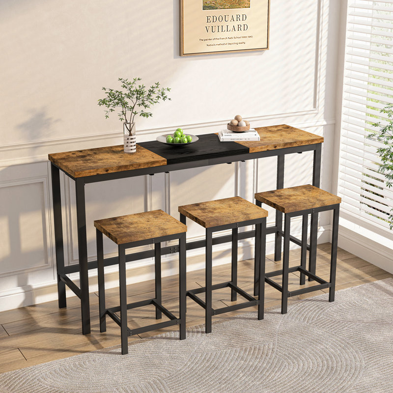 Table de salle à manger de cuisine moderne, table de pub, ensemble de table de salle à manger longue avec 3 tabourets, tabouret suspendu pratique, naturel et noir