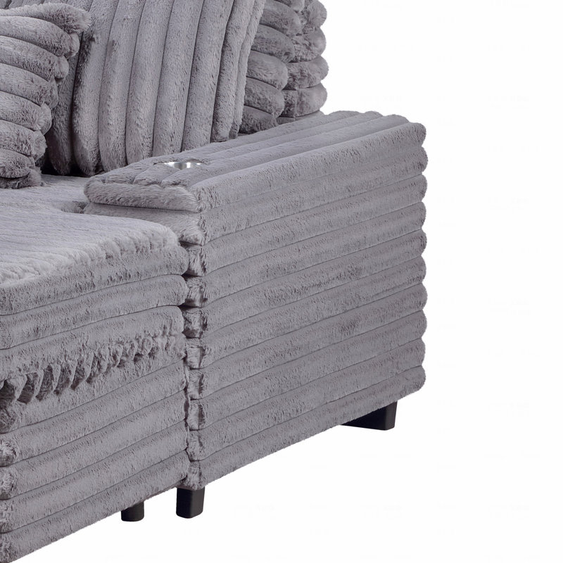 Fauteuil d'appoint surdimensionné en velours côtelé de 67 po de largeur avec fauteuil en cuivre et port USB, Gris