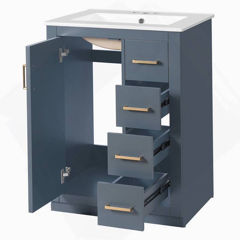 Meuble-lavabo bleu 24 po avec lavabo intégré en céramique, 3 tiroirs et 1 porte pour les petites et moyennes salles de bain