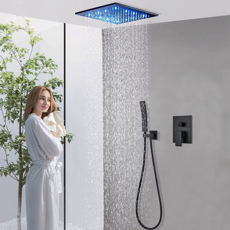 Ensemble de robinet de douche à système de pluie à DEL 12 pouces noir mat avec robinet mélangeur