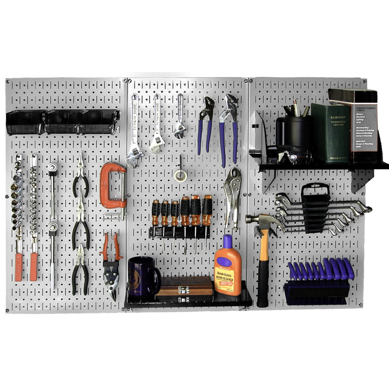 Ensemble de panneau perforé de rangement pour outils standard H 32 po x 48 po, Gris et noir