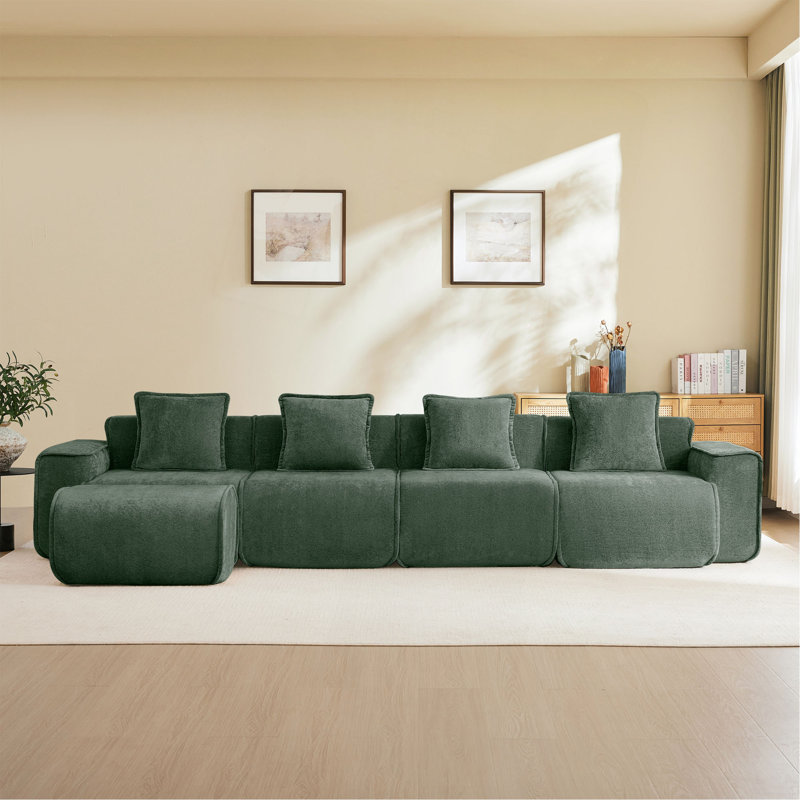 Canapé modulaire en L à 4 places avec passepoil à bordure française, sans assemblage requis, canapé à 4 places avec coussins décoratifs et 1 repose-pieds mobile, tissu de velours