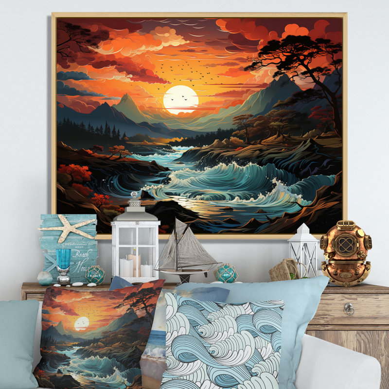 Wein Coastals Sunset Majestic Mountain River I - impression, Cadre photo argenté, H 34 po x l 44 po x P 1,5 po