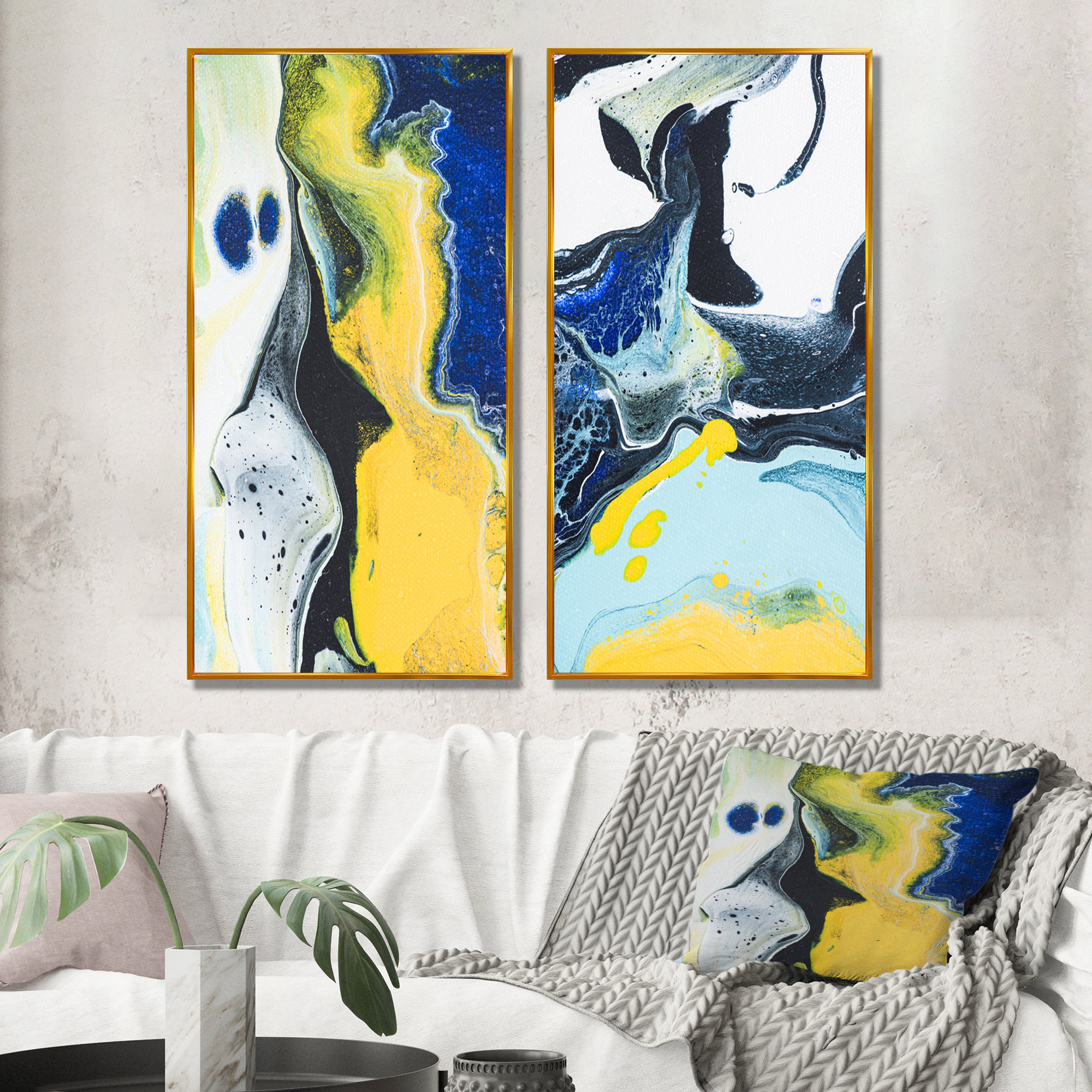Ivy Bronx Dark Blue and Yellow Marble Art VI - 2 Piece Painting Set on ...