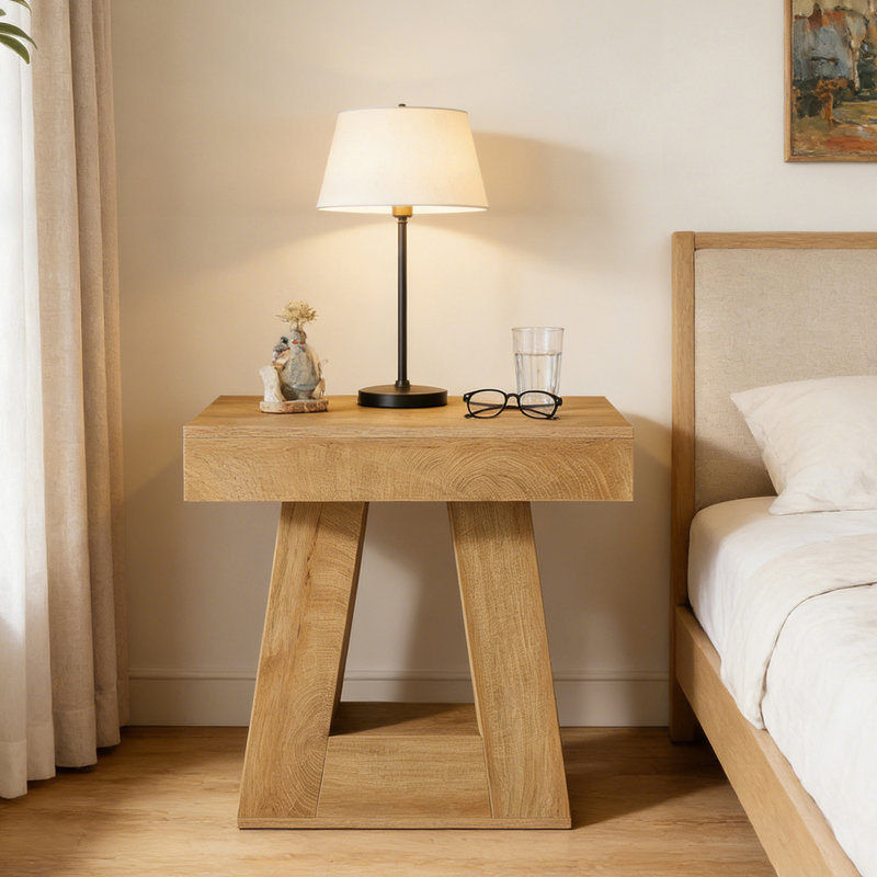 Table de bout 23,7 po, table d'appoint à 2 niveaux avec base trapézoïdale, Naturel