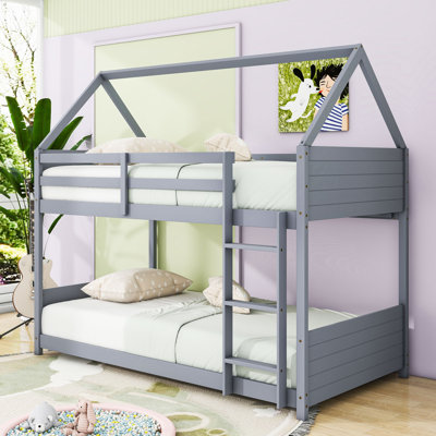 Wood Twin Over Twin Floor Bunk Bed With Guardrails And Ladder, House-Shaped Design by Harper Orchard