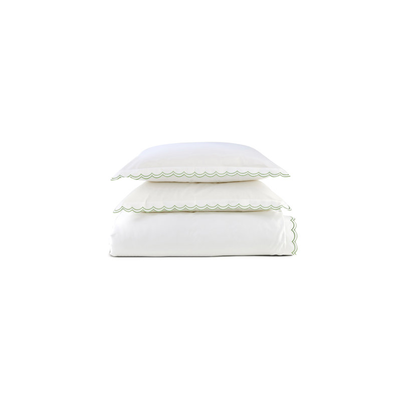 Scallop Edge Duvet Cover Set, King Duvet Cover + 2 Standard Pillowcases, White/Matcha