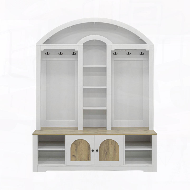 Multifunctional Hall Tree with Storage and Hooks, White/Walnut
