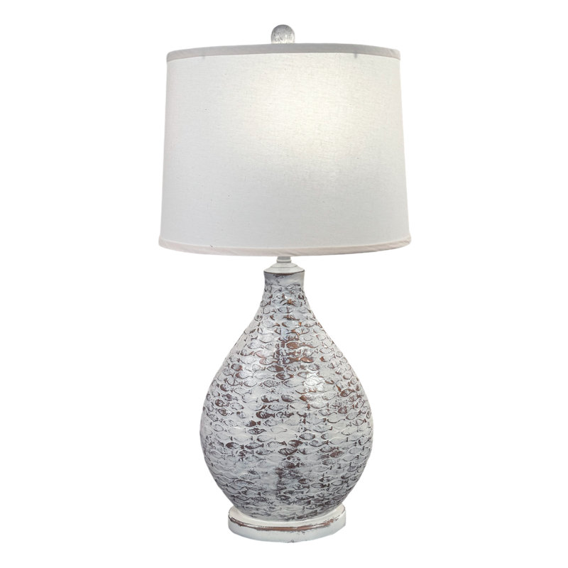Weathered Oval Table Lamp with Fish Pattern, White