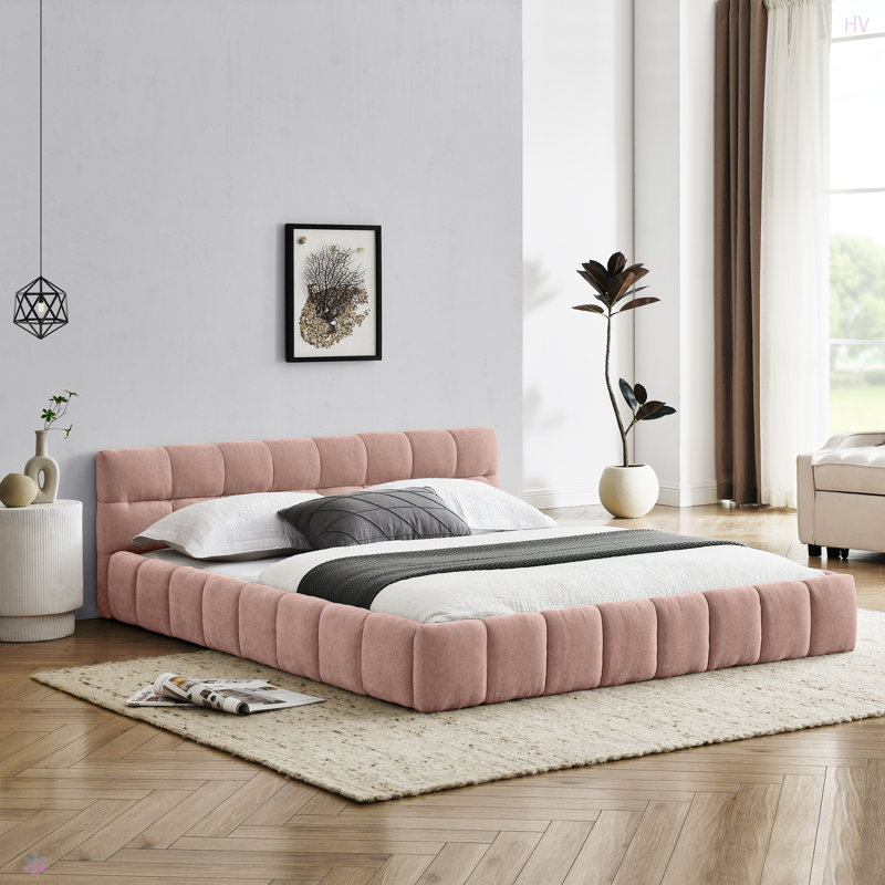 Structure de lit tapissier avec tissu épais, lit plateforme grand format en chenille avec tête de lit et structure solide