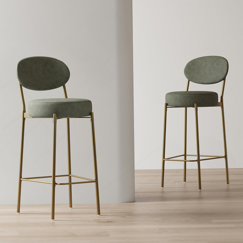 29'' H Seat Height Upholstered Bar Stools Set Of 2 Faux Leather Counter Dining Stool With Golden Legs Modern Round Kitchen Chairs (Green)