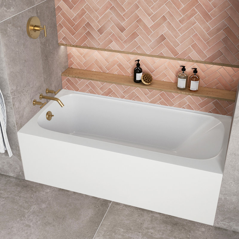 Baignoire en alcôve en acrylique blanc brillant avec drain externe 60 po x 30 po Streamline, Or brossé