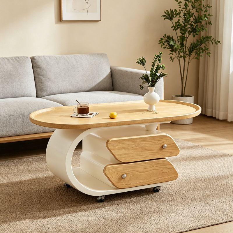 Table basse mobile moderne avec rangement à roulettes, H 19,68 po x l 39,37 po x P 19,68 po, Naturel / Blanc